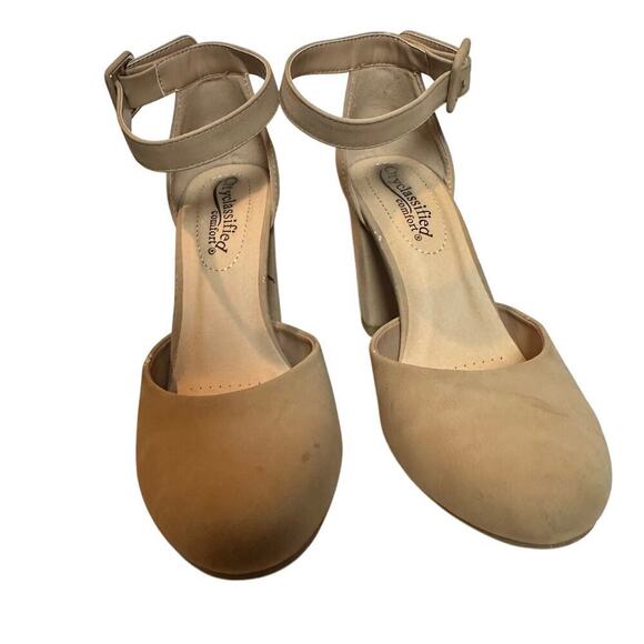 Comfort 7.5 Beige Tan Nude Kaili Leather Ankle Strap Block Heel Dress Pump Work - Picture 4 of 12